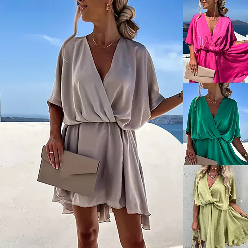 

2022 Autumn New Women's Clothing Solid Color Short Sleeve Pleated Loose Dress High Waist Sexy Fashion Mini Dress