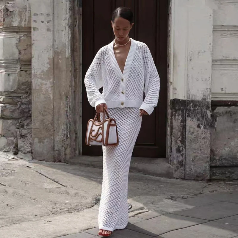 MSCSZ белая вязаная крючком юбка Женский вязаный кардиган свитер подходящий