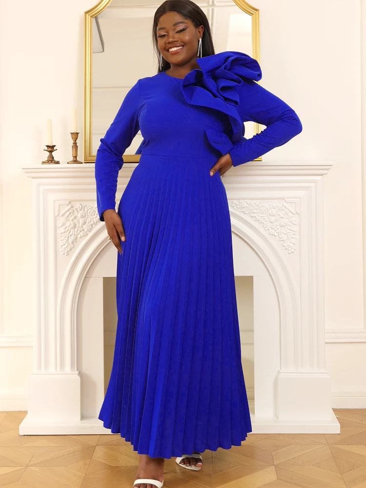 

A Line Dress for Women Blue O Neck Long Sleeve Edible Tree Fungus Pleated Ankle-Length Birthday Wedding Guest Evening Party Gown
