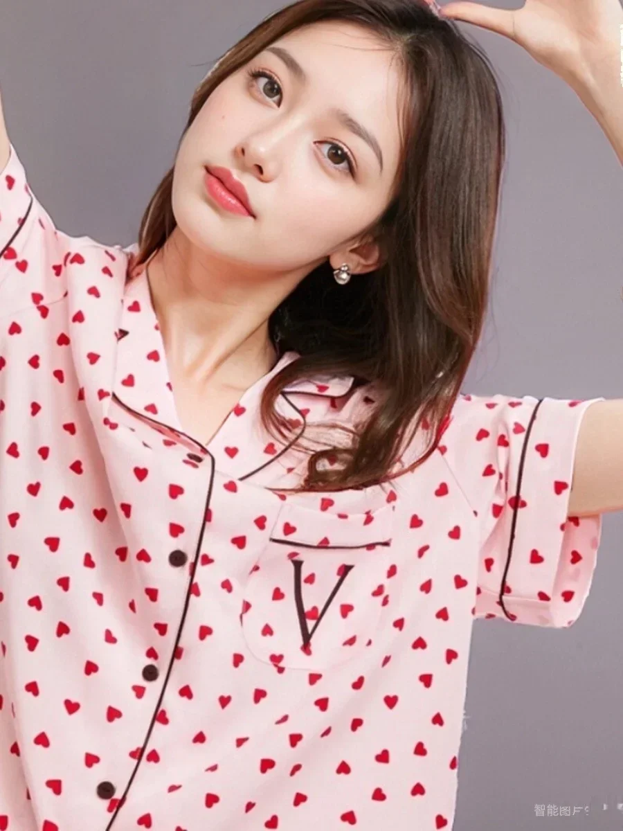 Victoria Tencel Soft Leopard Print Pajamas Set Short Sleeve Long Pants Spring and Autumn Women's Home Clothes