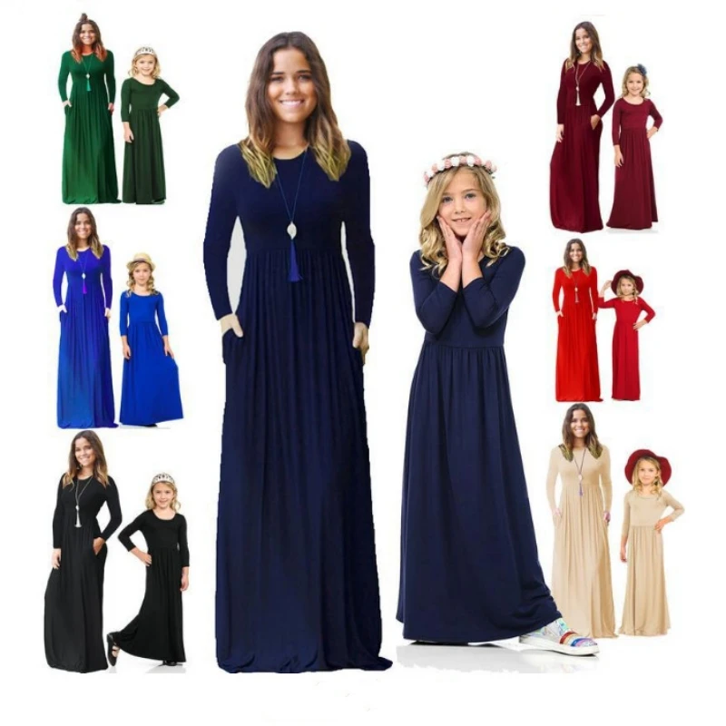 

Spring Autumn Mother Kids Girls Dresses Long Sleeve Solid Color Mom and Daughter Dress for Family Matching Outfits Clothes