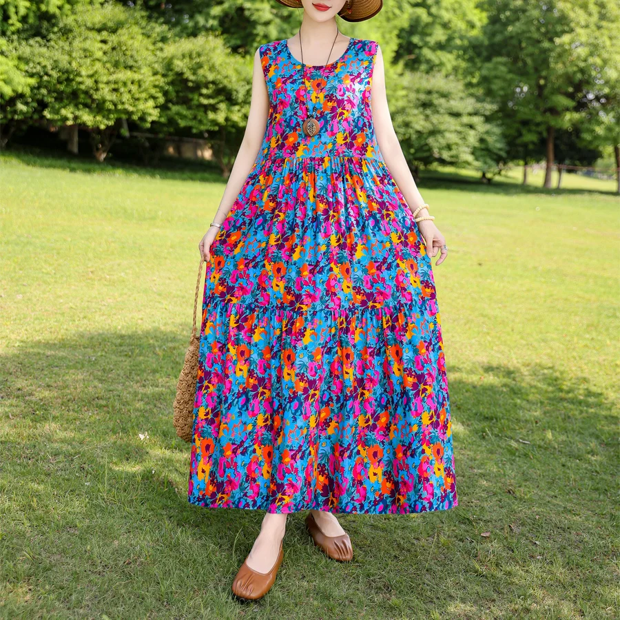 Новое модное повседневное летнее платье для женщин женское без рукавов с круглым