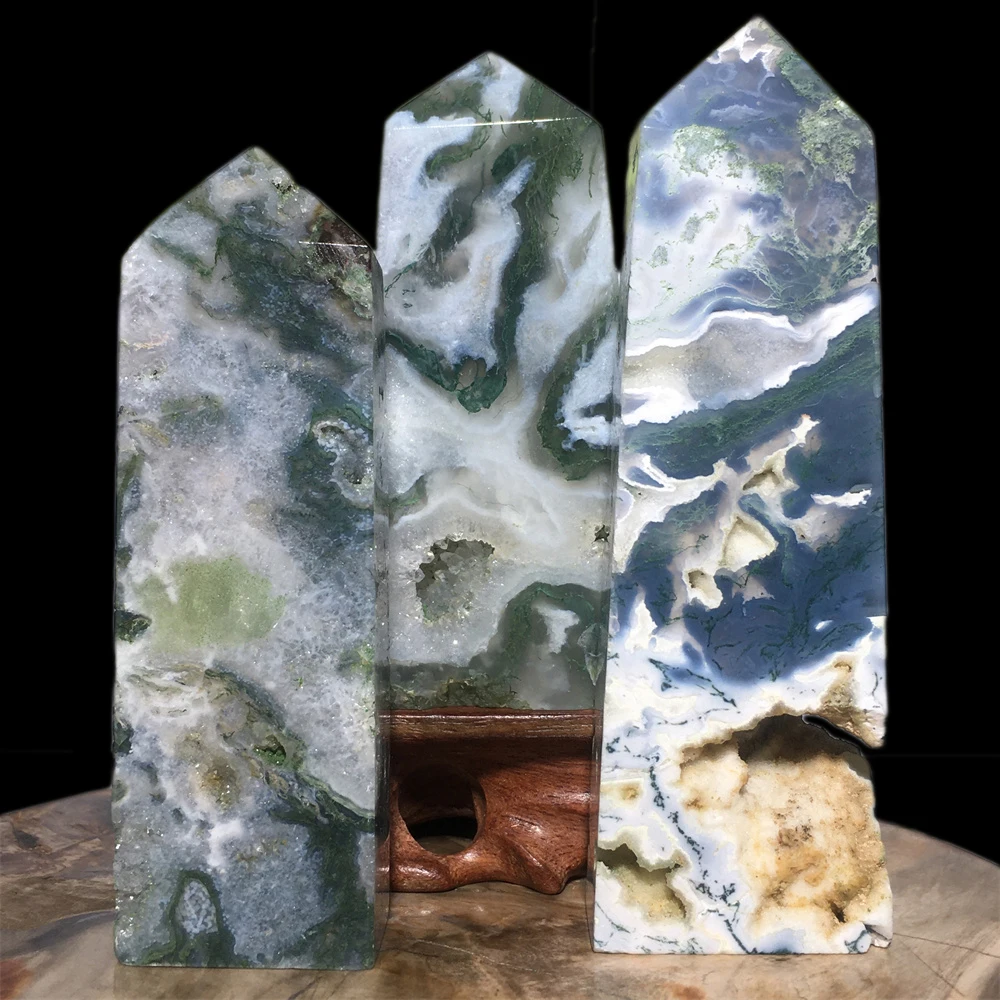 

Tower Natural Moss Agate Crystals Quartz Geode Point Modern Souvenir Druzy Gemstones Tetrahedron Wand Home Decor Chakra Energy