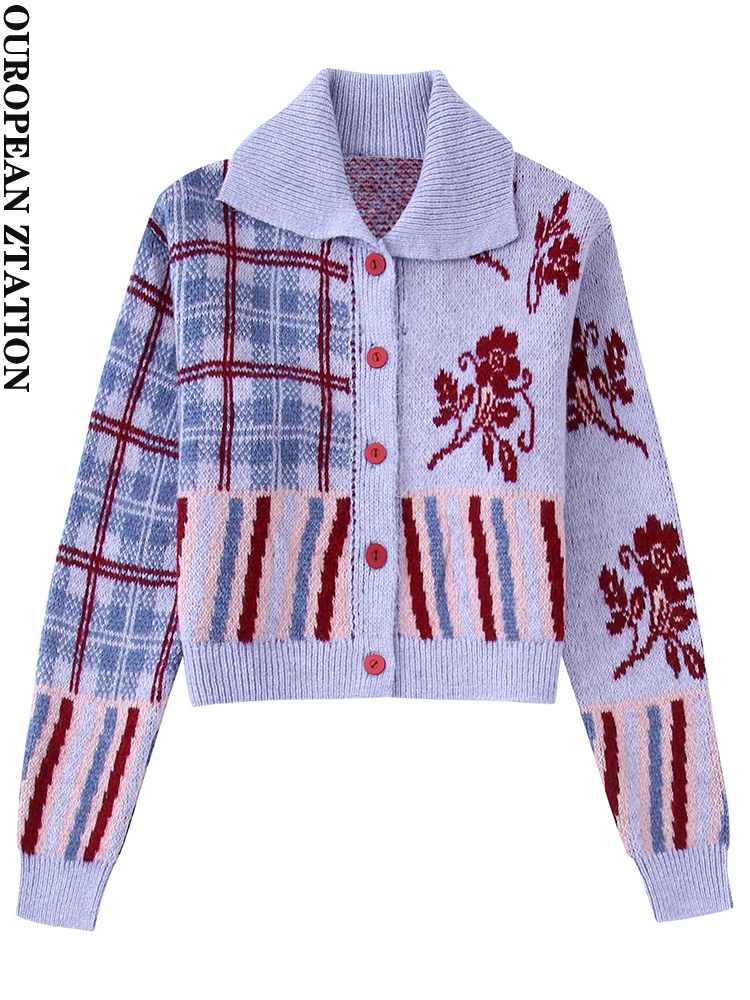

PAILETE Women 2022 fashion front button jacquard knit cardigan sweater vintage lapel collar long sleeve female outerwear chic to