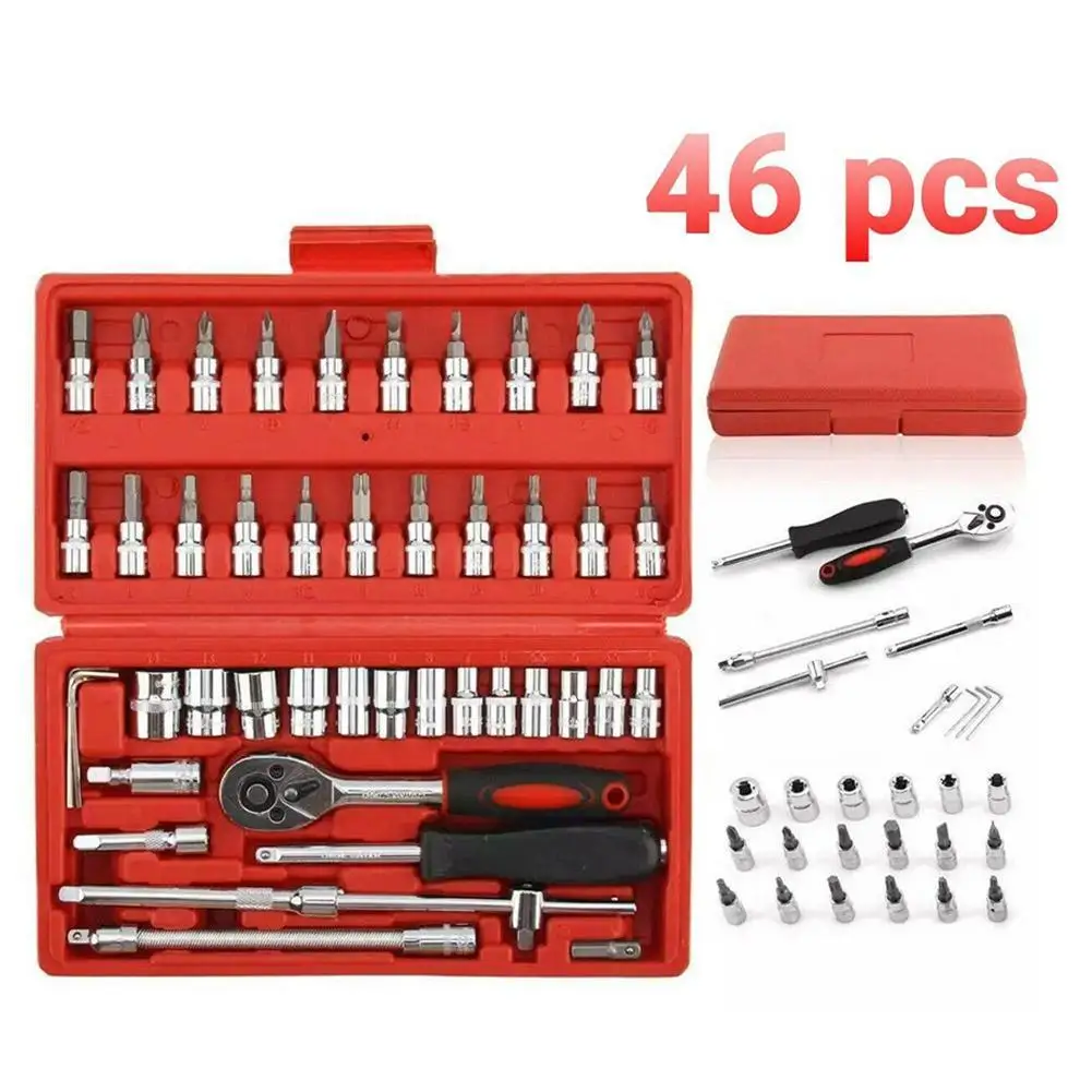 

46Pcs Set Car Repair Tool 1/4-Inch Socket Set Car Repair Tool Ratchet Torque Wrench Combo Tools Kit Auto Repairing Tool Set