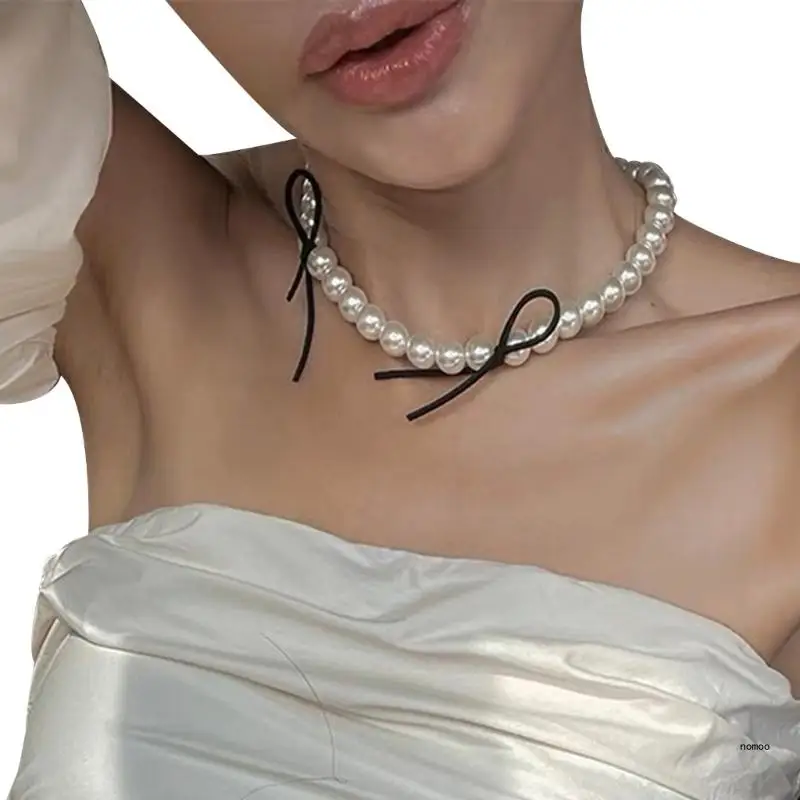 Модный Двухслойное ожерелье Лента Ожерелье с бантом бусинами Элегантный дизайн