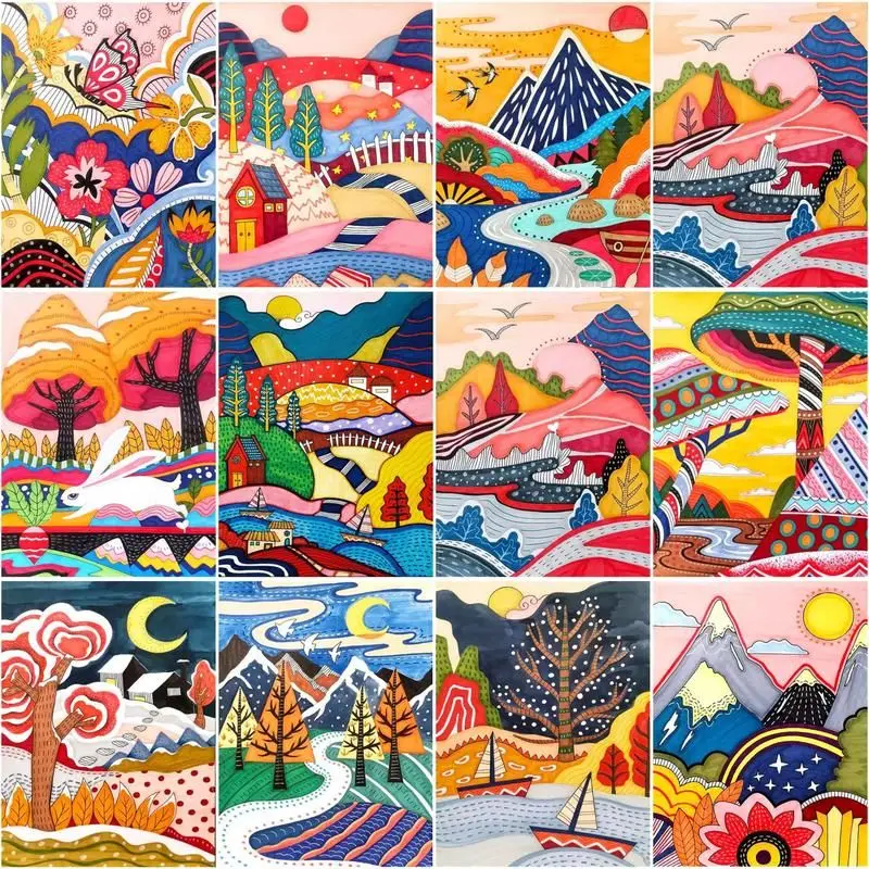 

RUOPOTY Painting By Numbers With Frame Cartoon House Tree Acrylic Paint Picture By Numbers Landscape Modern For Home Decors