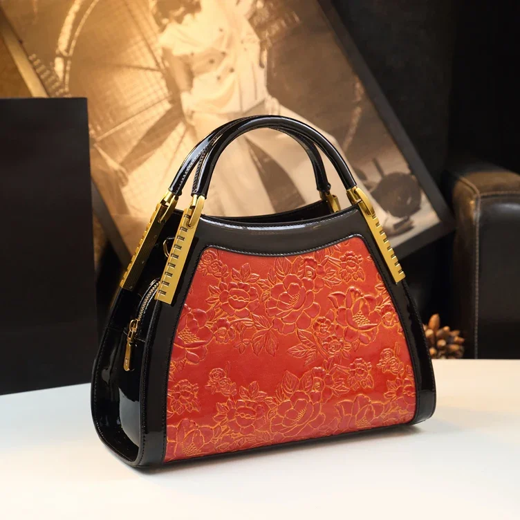 

Large Capacity 2024 Genuine Leather Women Handbags Ladies Portable Shoulder Messenger Bag Flowers Rose Mom Simple Dumpling Bags