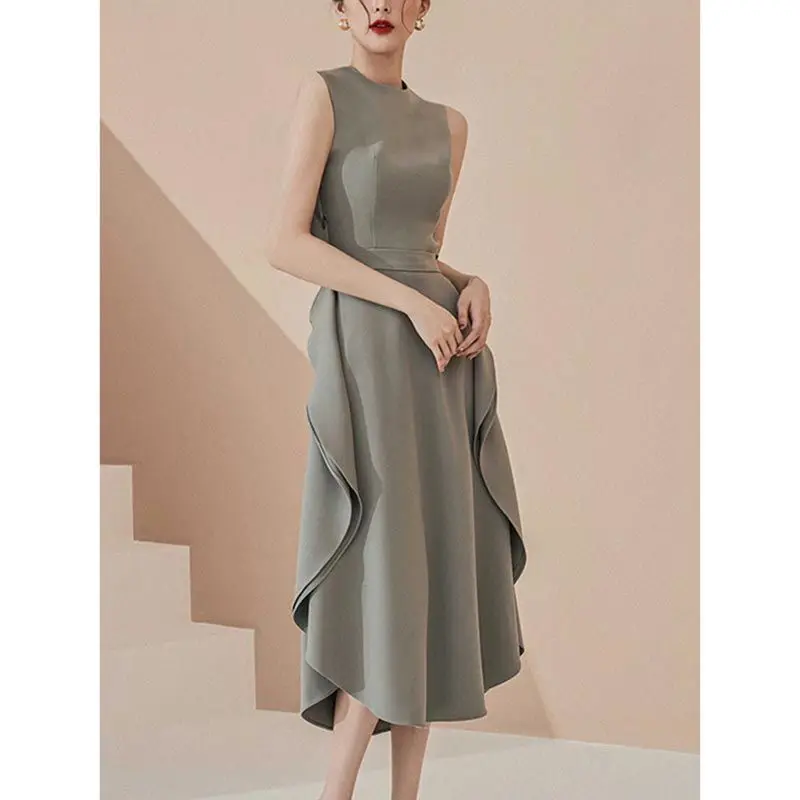 New Fashion Elegant Office Women Dress O-neck Knee-Length Femal Clothes Asymmetrica Ruffle Lady Dress