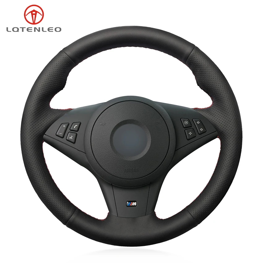 

LQTENLEO Car Steering Wheel Cover Black Genuine Leather for BMW M5 E60 E61 (Touring) 2005-2010 M6 E63 (Coupe) E64 2005-2010