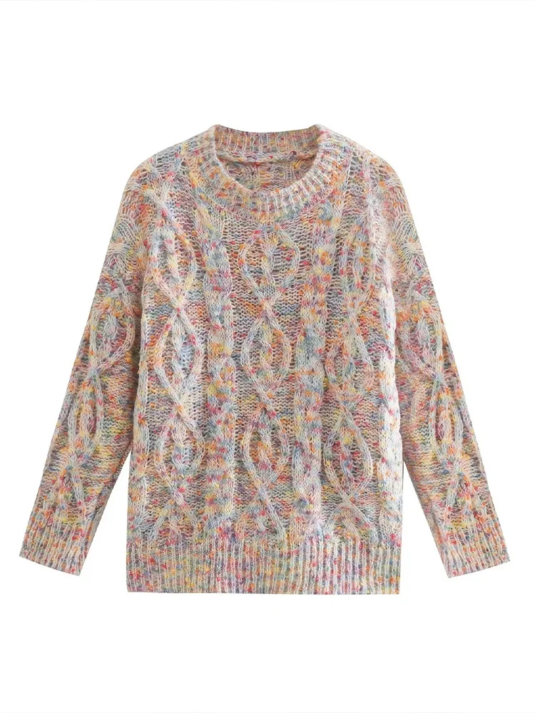 

ZAA Autumn 2022 New Women's Fashion Retro Casual Multicolored Thread Knit Pattern Round Collar Versatile Chic Pullover Sweater