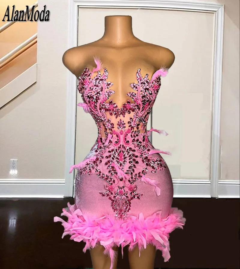 

Elegant Pink Birthday Dress For Women Sheer Neck Beading Crystal Short Prom Gowns Velvet Feathers Party Dress Robes De Cocktail
