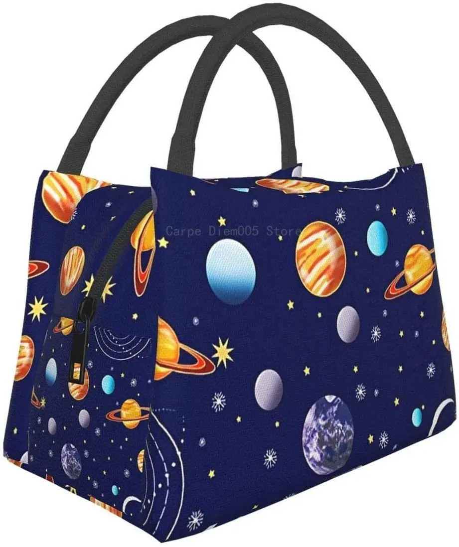 

Portable Insulated Lunch Bag, Navy Planets Solar System Waterproof Tote Bento Bag For Office School Hiking Beach Picnic Fishing