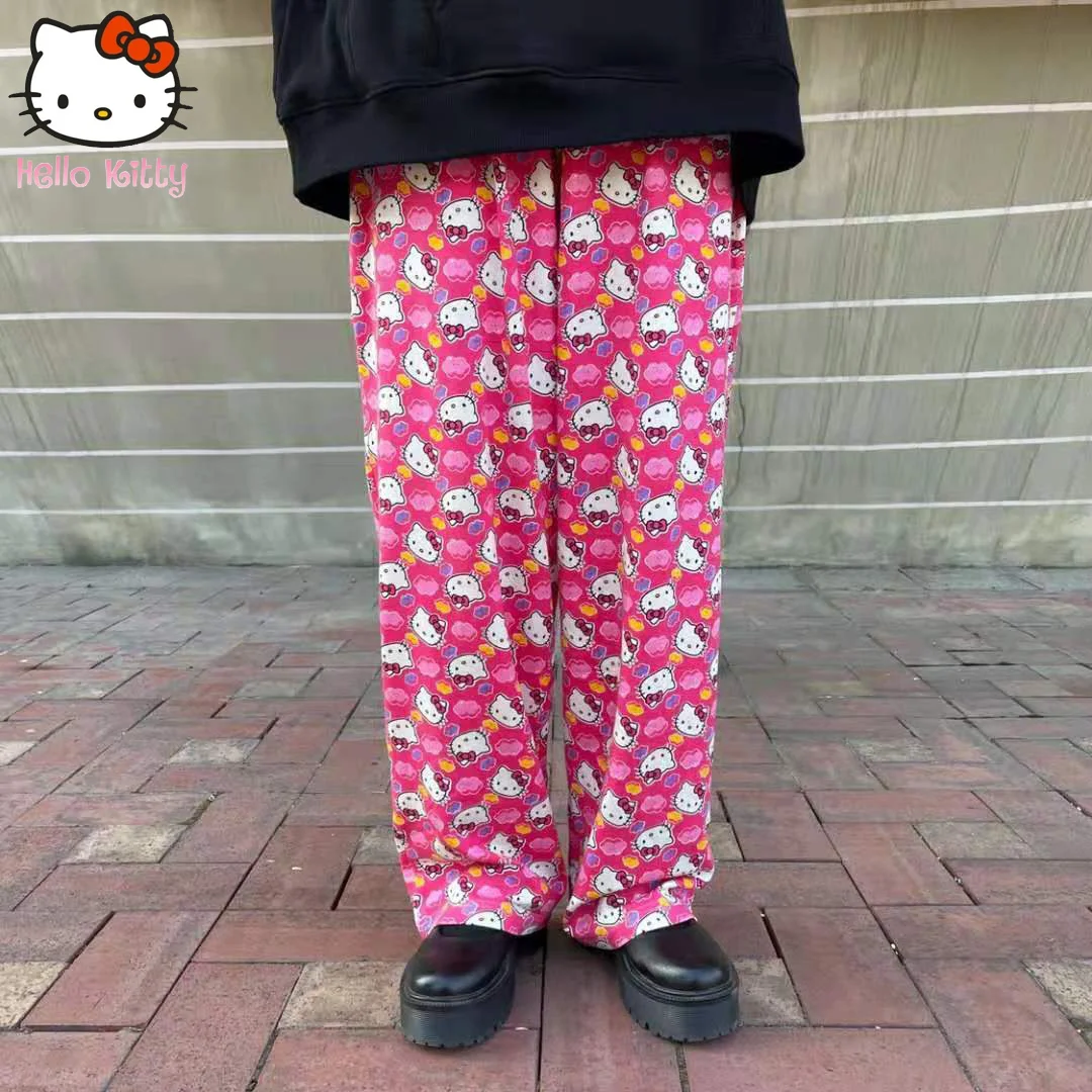 Y2k Sanrio Hello Kitty Trousers Women New Wide Leg Pant Lovely Loose High Waist Casual Thin Pants Aesthetic Traf Fashion Printed