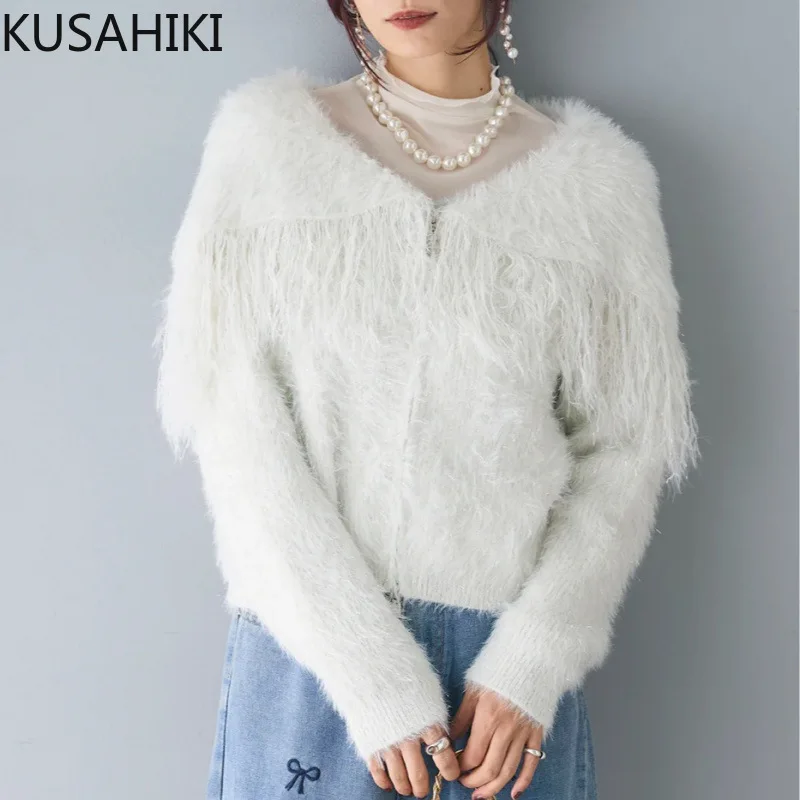 KUSAHIKI шикарная вязаная куртка с отложным воротником и кисточками повседневный