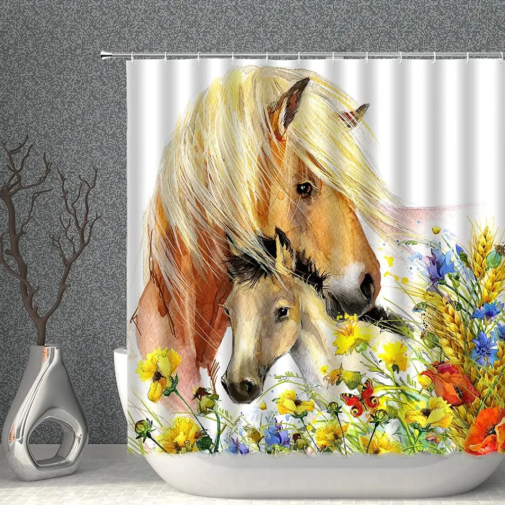 

Занавеска для душа «лошади», штора из полиэстера для ванной, с крючками, декоративная ткань коричневого и желтого цвета, с рисунком лошади и фона, цвет коричневый, желтый