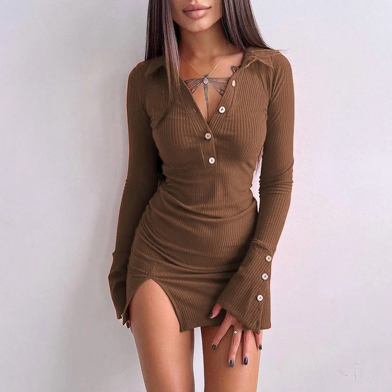 

hirigin Casual Party Bodycon Dress Women Solid Autumn Spring Ribbed Clubwear Buttons Lapel Neck Long Sleeve Split Dresses Ladies