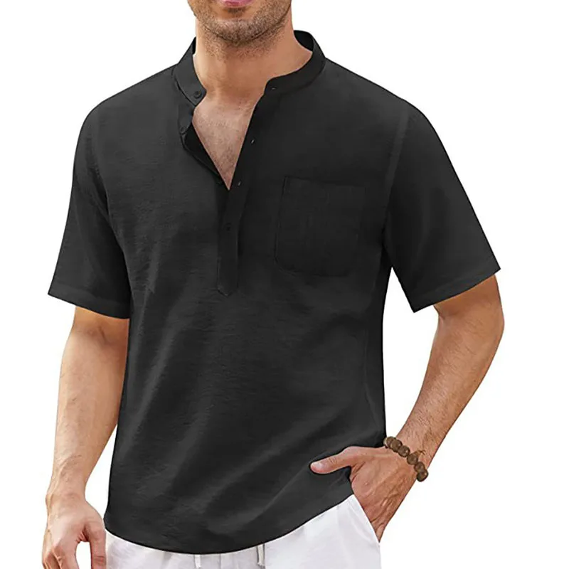 Linen shirt men Short Sleeve Solid Color Breathable Stand-Up Collar summer Casual shirts male Beach Style blouse Hot Sale