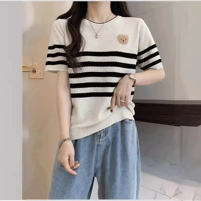 Новый летний мужской укороченный вязаный топ в полоску с круглым вырезом для