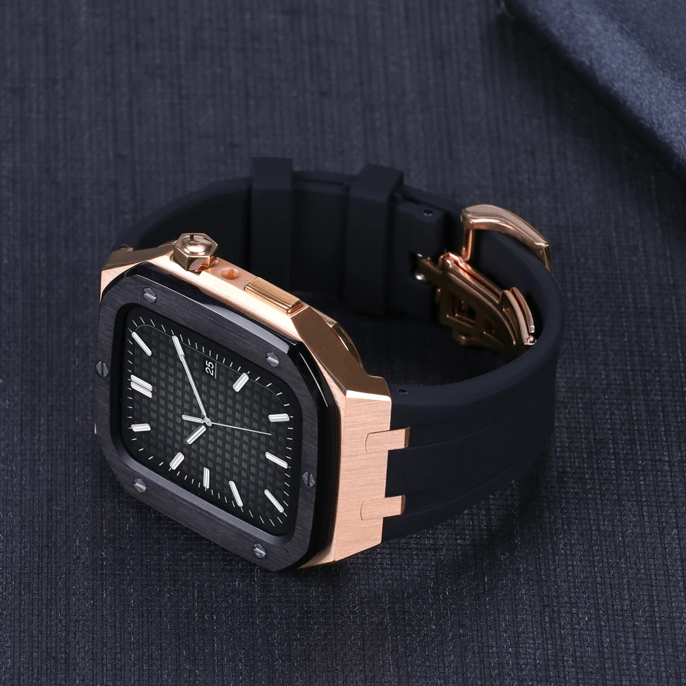 Modification Kit Metal Case Rubber Strap For Apple Watch Band Bracelet Watchband For iWatch Series 8 7 6 5 4 SE 45MM 44MM Correa enlarge