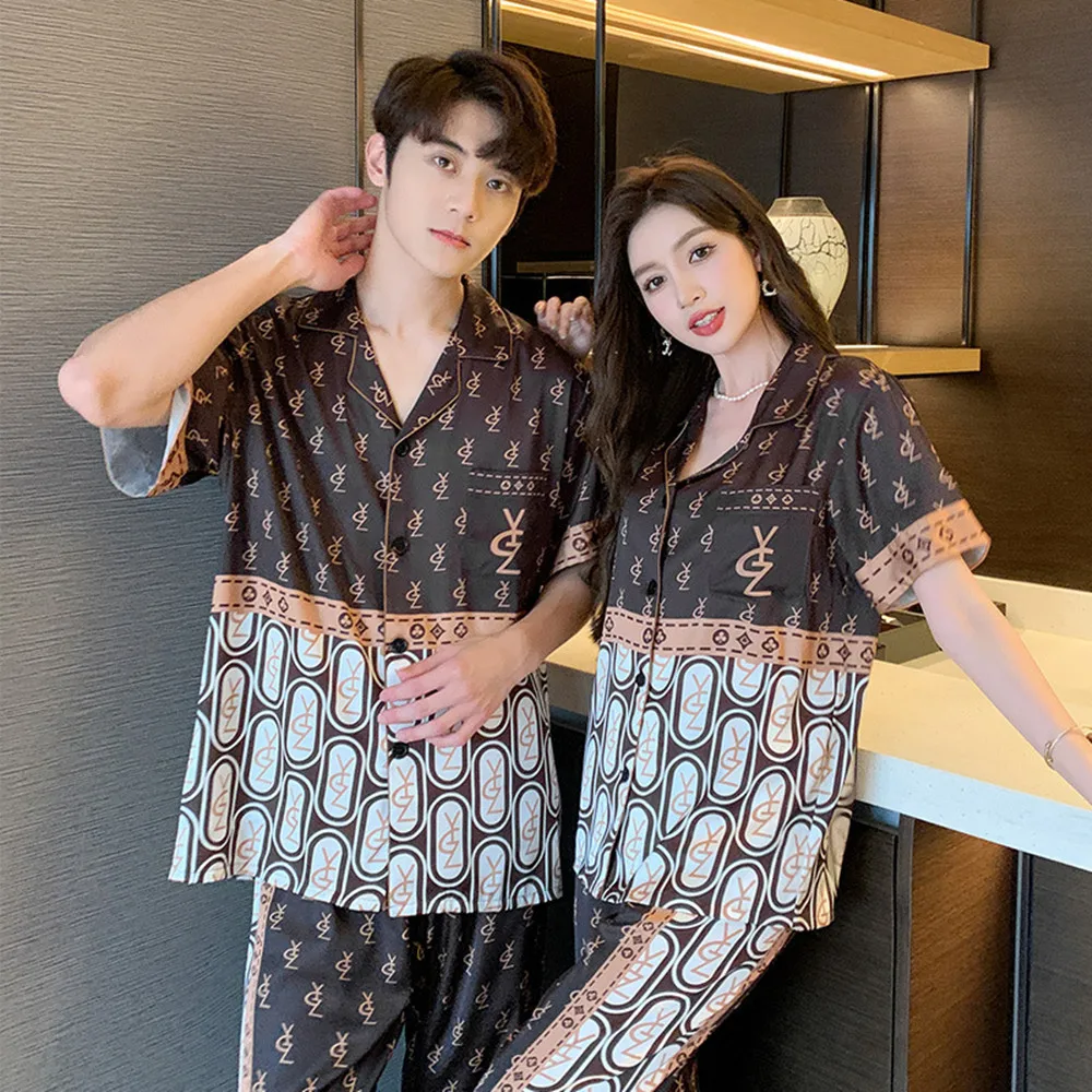 2023 New Summer Short Sleeve Couple Silk Ice Silk Printed Pajamas Men's Loose Large Homewear Set