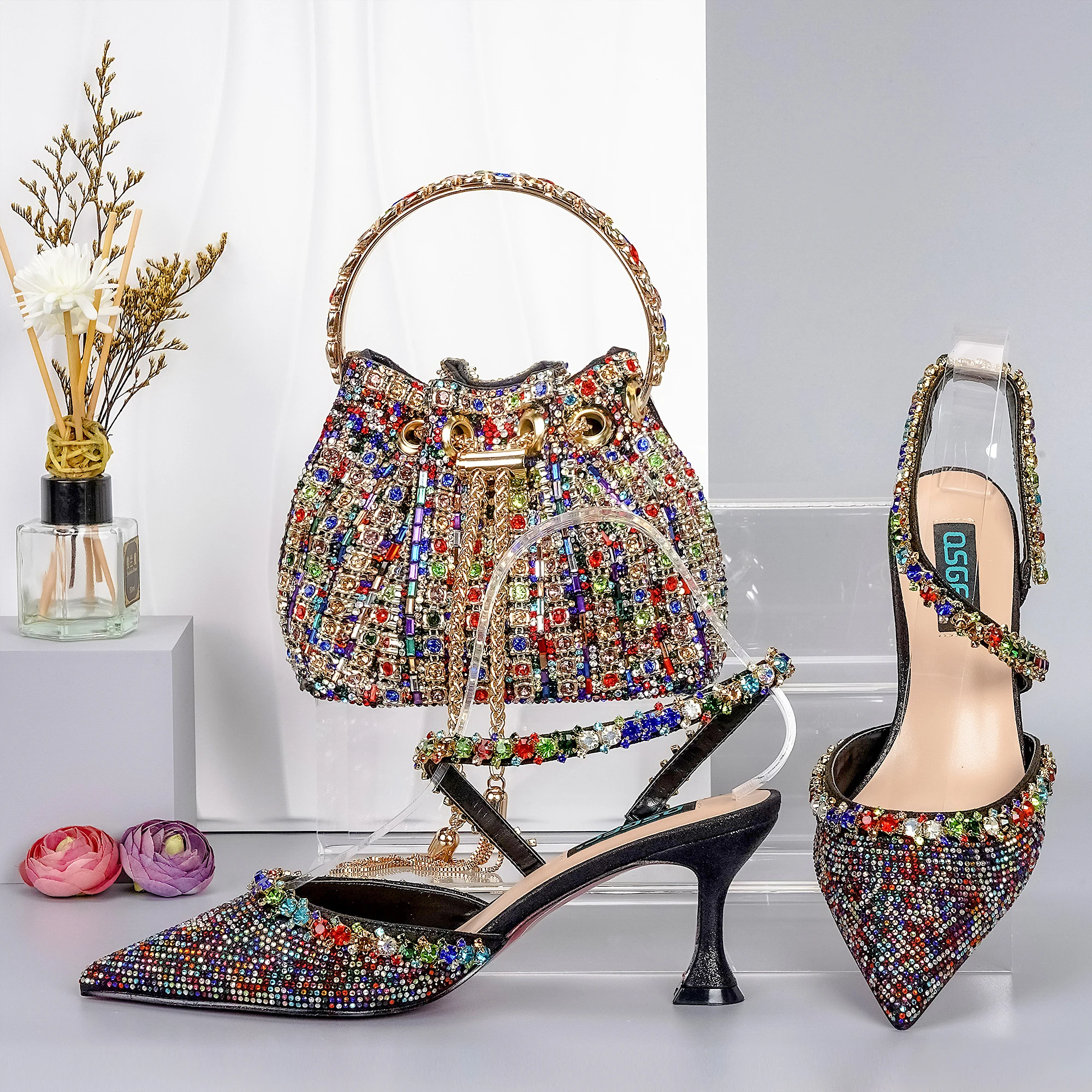 

2023 Summer New Nigerian Women Shoes and Bag Set in Rainbow Color High Quality African Lady Shoes Matching Bag fo Part
