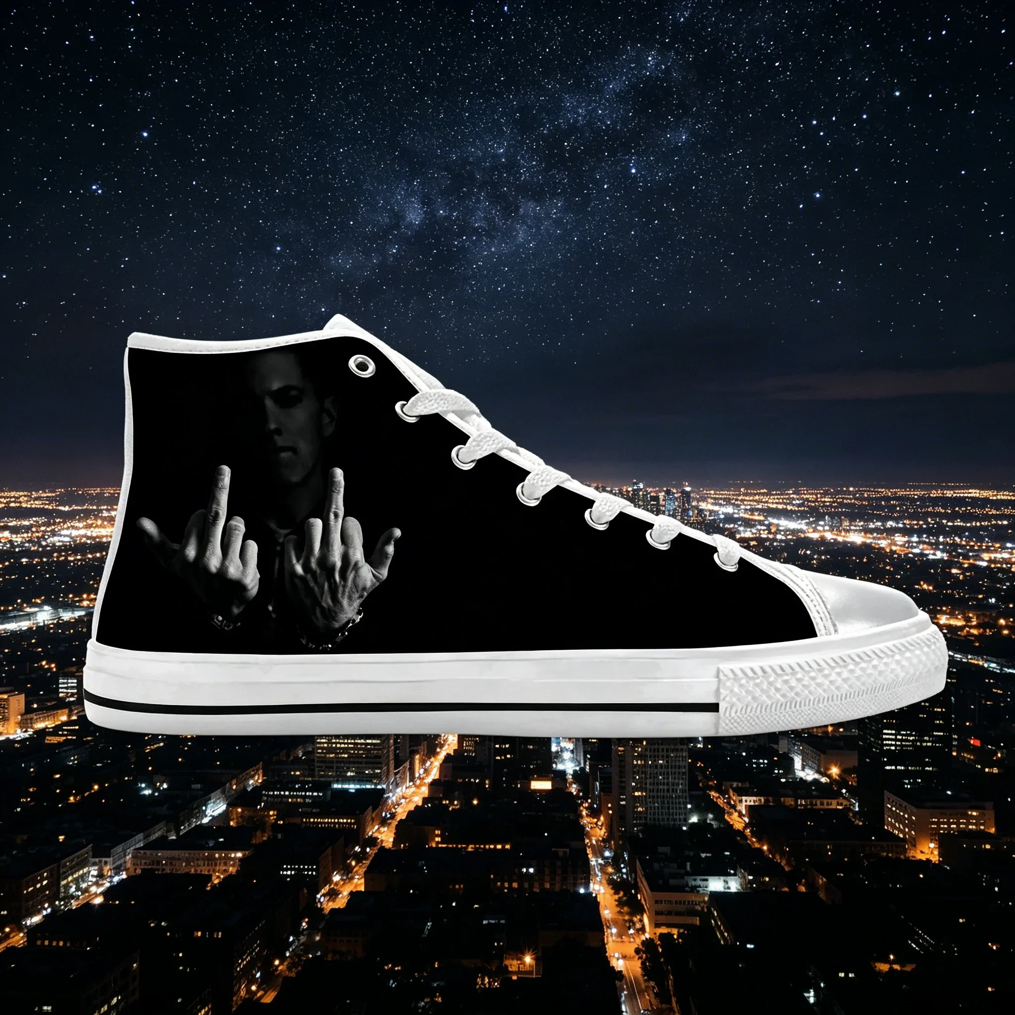 Фото Кроссовки Eminem Custom High Top с принтом хип-хоп рэпера, легкие, дышащие, унисекс, для уличной моды, повседневная обувь. №1