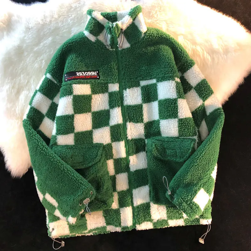 Шахматная бархатная куртка из ягненка Женская водолазка Осень-зима 2021 свободная