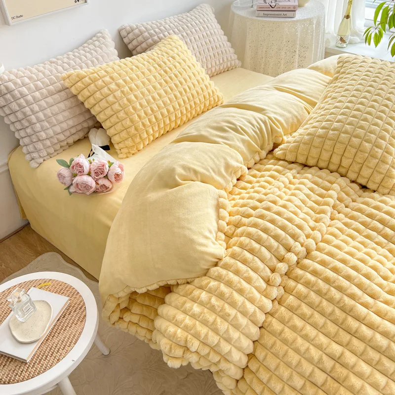 

Winter three-dimensional double rabbit plush Flannel four piece fitted sheet Warm bedroom sheets and duvet covers Bedding set