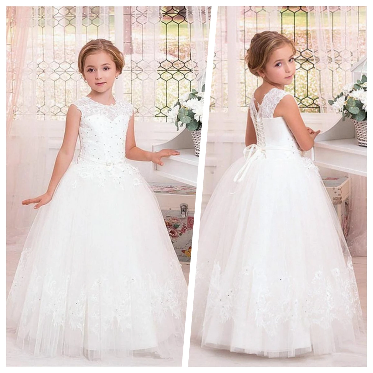 

Белое кружевное платье с цветочным принтом для девочек, свадебное платье с аппликацией и белым бантом и блестками, бальное платье для первого причастия, искусственное платье
