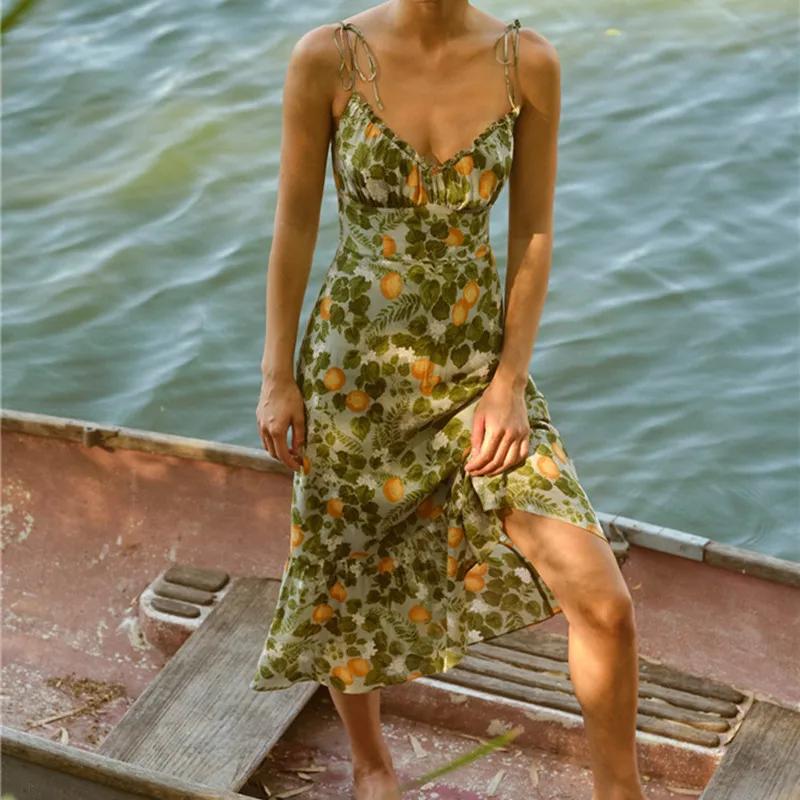 

2022 Spring Summer Women Slip Midi Dress Floral Printed Spaghetti Strap V-neck Beach Style Female Long Robe