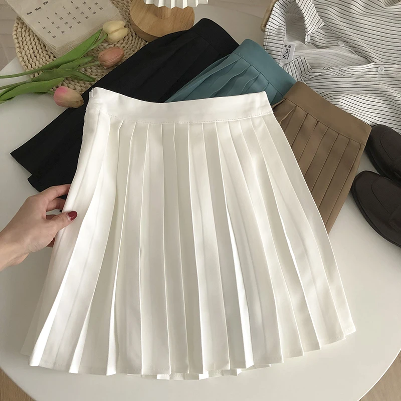 

Pleated high waist solid color anti-glare A-line skirt women's 2022 spring and summer Korean style package hip skirt