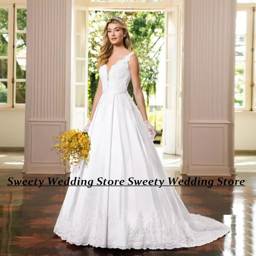 

Женское атласное свадебное платье Jiayigong, однотонное белое платье с глубоким V-образным вырезом, кружевной аппликацией и открытой спиной, пла...