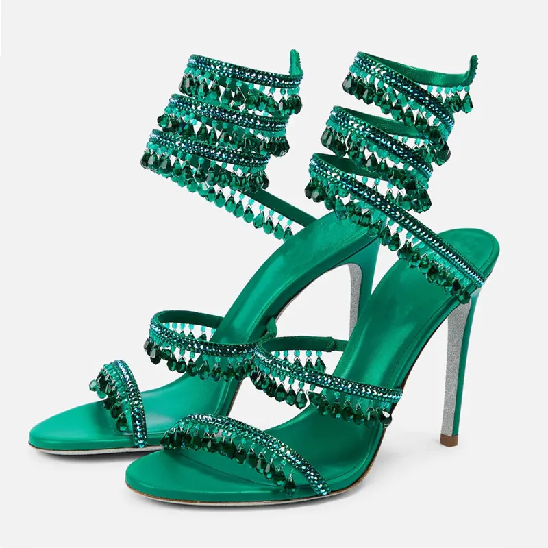 Snakelike Rhinestone Women High Heels Sandals Summer Thin Heel Open Toe Wedding Bridals Shoes Fashion Ankle Twine Ladies Pumps
