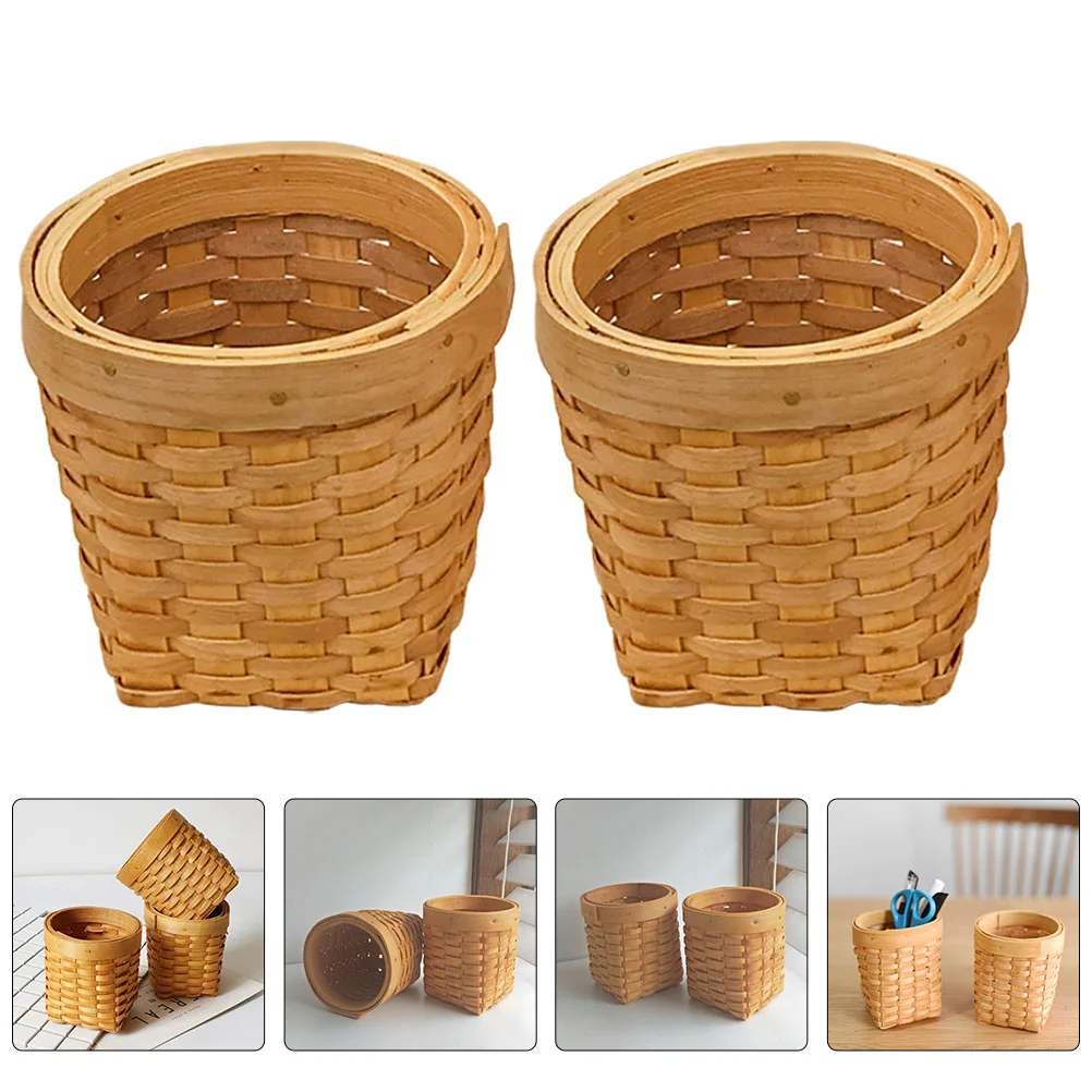 

2 Pcs Trash Can Office Wicker Basket Pen Container Wood Woven Holder Chips Sundries Storage Student