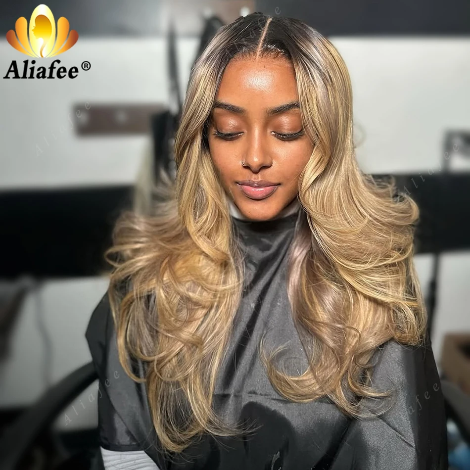 Фото Ombre 2 27 Dirty Blonde 13x6 Объемная волна Кружевные фронтальные парики Коричневые корни Ombre Blonde Предварительно выщипанные парики из 100% человеческих волос для женщин №2