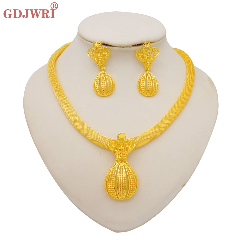 Luxury Dubai Gold Color Africa Jewelry Set Crown Shape Pendant Necklace Earrings Sets For Women Girl Jewellery Party Gift
