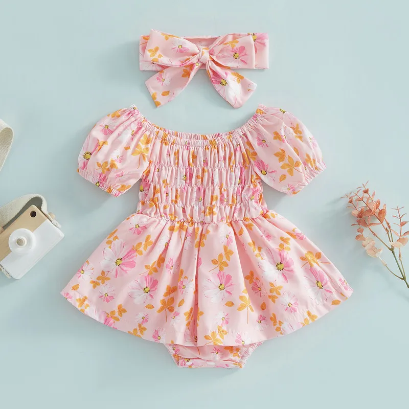 

Боди для новорожденных девочек 2 шт. летняя одежда наряды 2023 комбинезон с коротким пышным рукавом и цветочным принтом платье с повязкой на г...