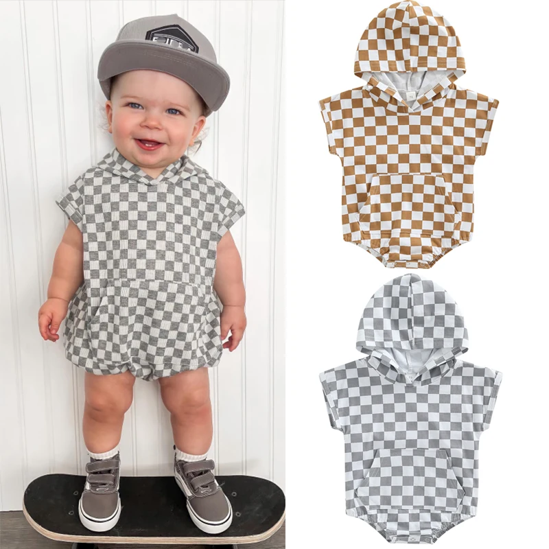 

0-3Y Summer Baby Boys Causal Romper 2 Colors Checkerboard Print Short Sleeve Hooded Bottom Jumpsuit