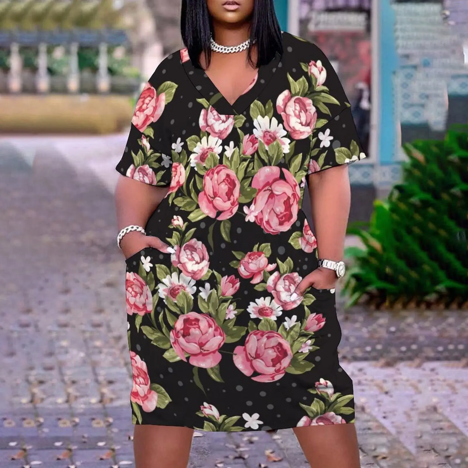 

Платье-миди женское летнее с V-образным вырезом и цветочным принтом