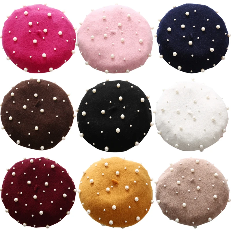 

French Winter Warm Rhinestone Pearl Beret Hat Classic Beanie Caps Berets Casual Wool Winter Hat Caps for Women Girl Cap