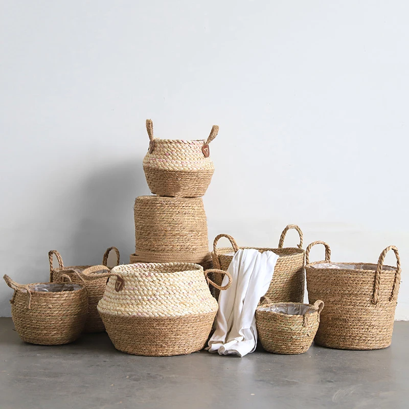

Handmade Woven Seaweed Storage Baskets Folding Seagrass Belly Garden Flower Pot Plant Basket Straw Storage Boxes For Home Decor