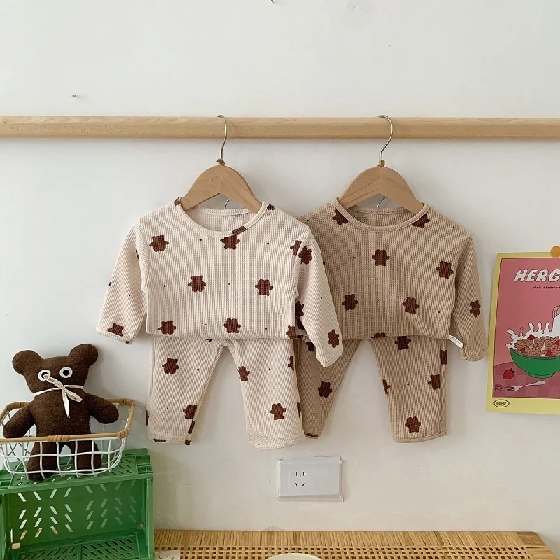 

Baby Clothes Set Bear Pattern Round Neck Hedging Long Sleeve Trousers Roupa Suit Spring Newborn Waffle Roupas Infantis Menina