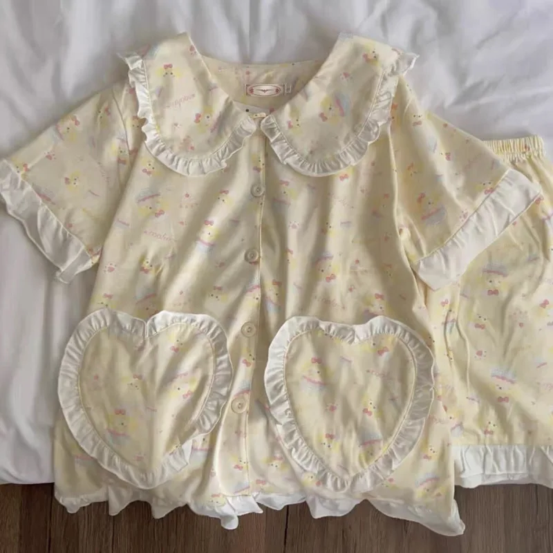 Милая мультяшная одежда для сна с рюшами женщин комплект из 2 предметов корейская