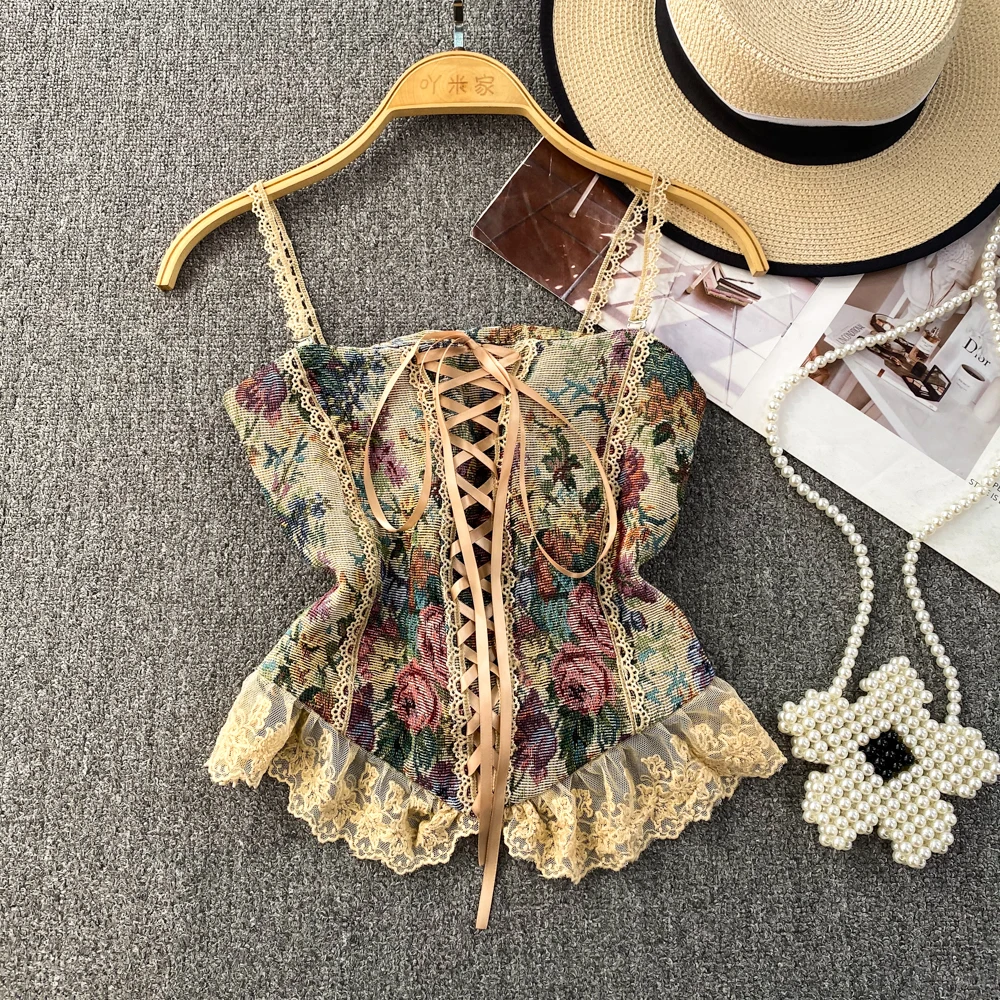 

Женская майка из искусственной джинсовой ткани, американский Ретро топ с чернильным принтом, винтажные топы-трубы с цветочным кружевом и перекрестной шнуровкой, корсет с открытыми плечами