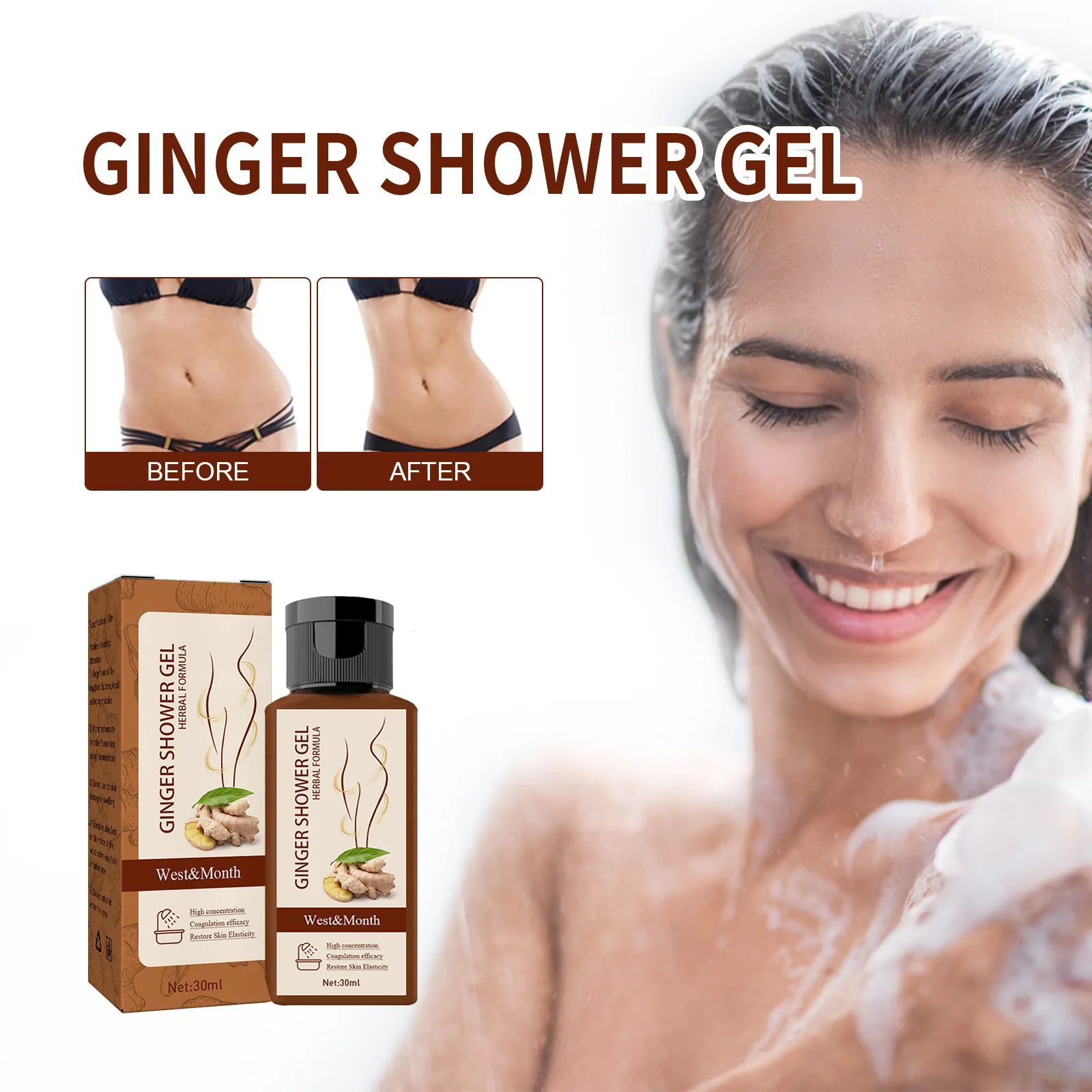 

30ml Ginger shower gel dredges lymphatic slimming firm waist lazy clean moisturizing shower lotion softens skin