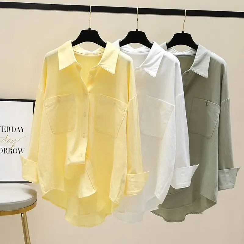 

VANOVICH Cotton Women's Summer New Sunscreen Shirt 2022 Korean Style Casual Loose Vintage Solid Color Women's Polo-Neck Shirt
