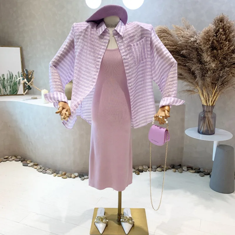 

New Women's Clothing 2022 Autumn Purple square neck knitted vest long Dress simple loose versatile shirt two-piece set