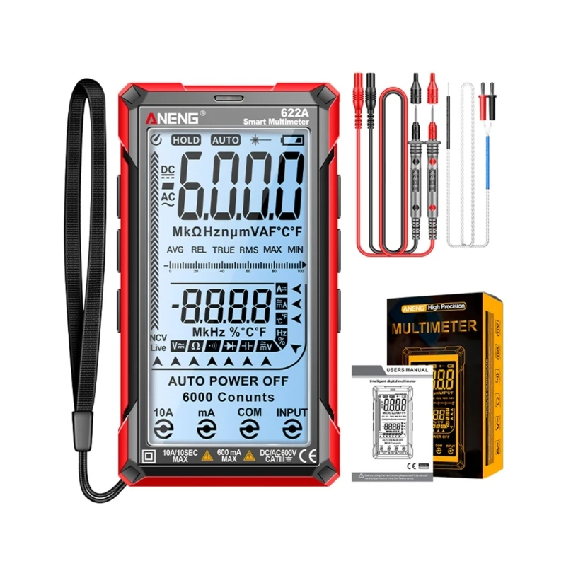 

Digital Multimeter 6000 Counts TRMS Auto-Ranging LCD-Screen Voltmeter Fast- Accurately Measures Voltage Current Diodes