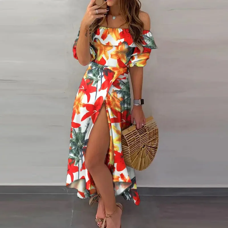 

Mandylandy Women Elegant Floral Print Bohemian Dress Fashion Female Y2K Off Shoulder High Waist Slit Long Vacation Dress